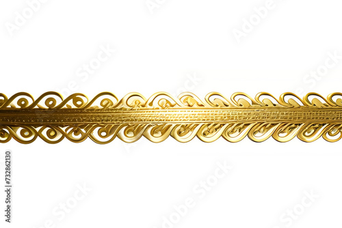 A photograph of a set of gold curly ribbon isolated on white
