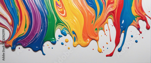 Vibrant acrylic paint cascades in rainbow hues on a blank canvas
