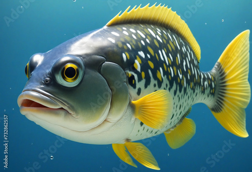 Happy green porcupinefish with bright yellow spines in a blue sea
