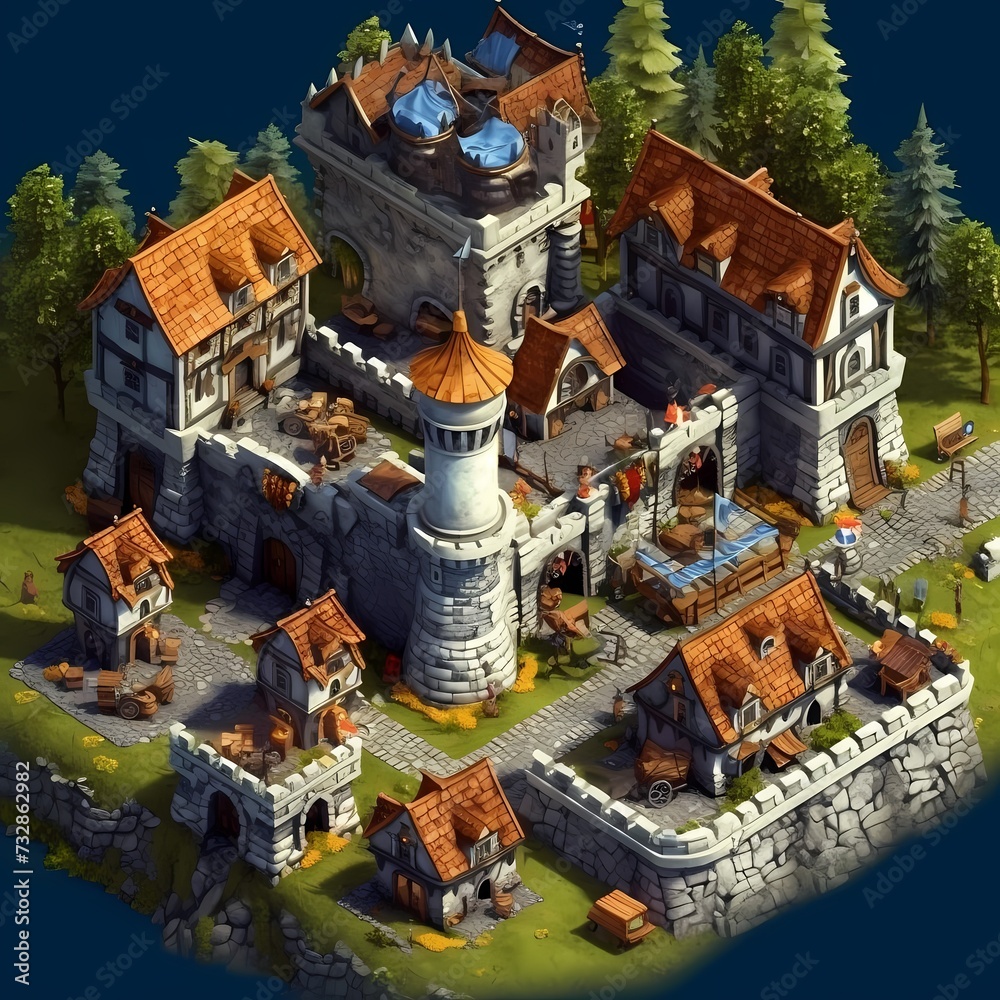 Enchanting Medieval Fantasy Castle with Surrounding Village in Lush Environment