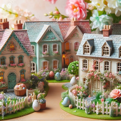 Close-up of a quaint Easter village scene with pastel-colored cottages and blooming gardens Charming and nostalgic Perfect for creating a whimsical Easter atmosphere 