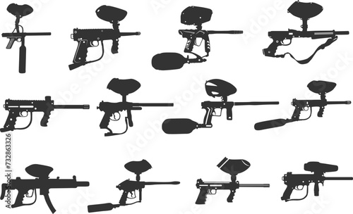 Paintball gun silhouettes, Paintball pistol silhouette, Paintball gun svg, Paintball gun clipart, Pistol silhouette, Paintball gun vector illustration.