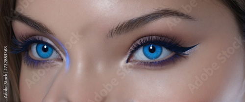 Portrait of a Girl with Bright Blue Eyes Against a Black Background photo