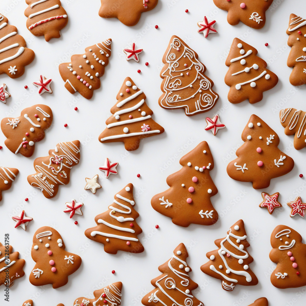 Festive gingerbread tree on white background, top view