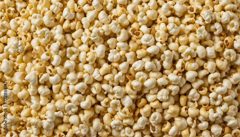 Overhead view of a pail of popcorn on a white surface Overhead view of a pail of popcorn on a white surface