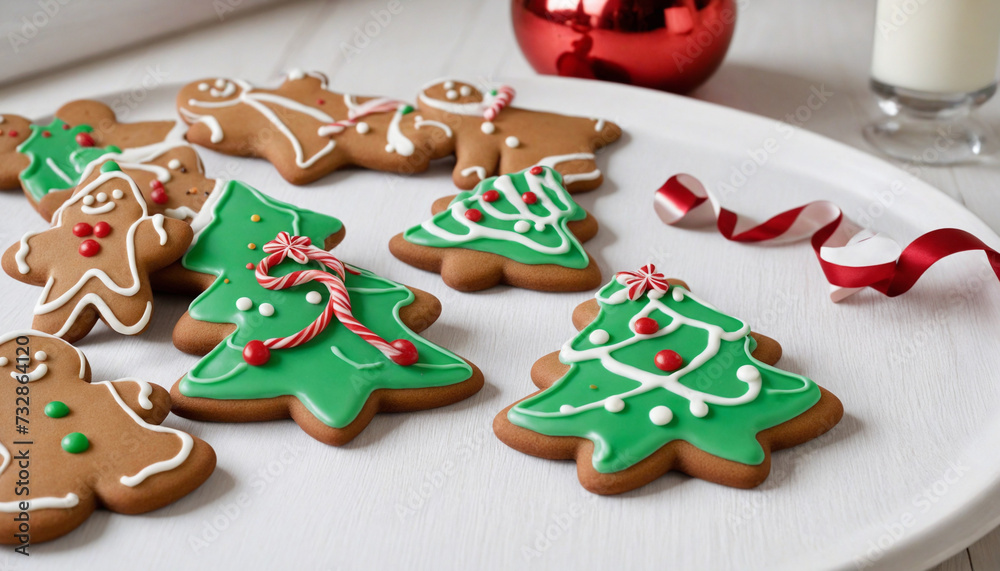 Festive Christmas sugar cookies in tree shape with white frosting on wooden tray