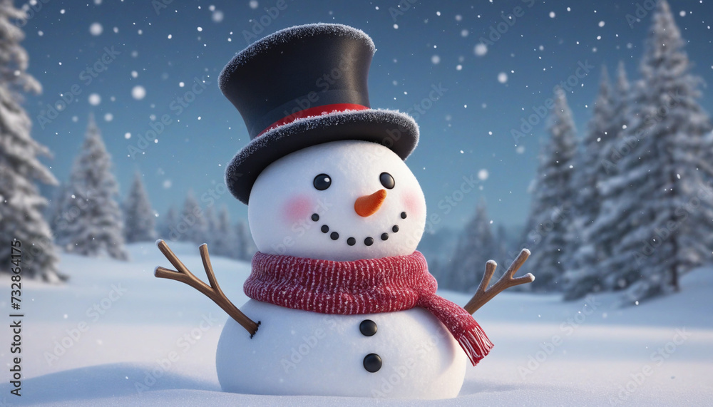 Charming Snowman in Winter Scene for Christmas Holiday