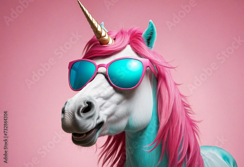 Obraz na płótnie Colorful unicorn with sunglasses on a pink background w salonie