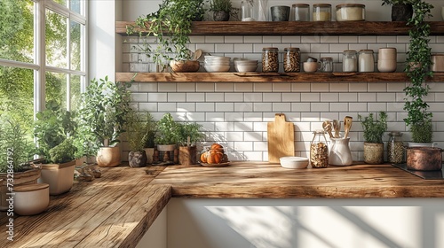 Kitchen interior. Wall mockup in kitchen interior background  Farmhouse style. Decor concept. Real estate concept. Art concept. Kitchen concept. Stylist concept. 3d render concept.