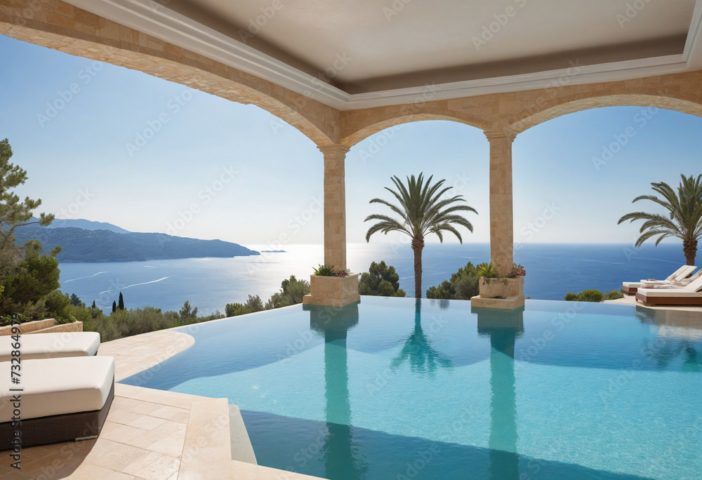 Fototapeta premium Exclusive Mediterranean villa with breathtaking oceanfront pool vista - perfect summer retreat