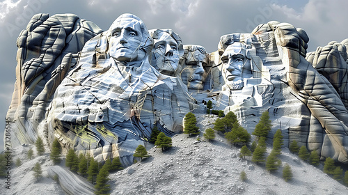 Mount Rushmore sculpted images of Washington, Jefferson, Roosevelt, and Lincoln in a side view, National Memorial-themed, photorealistic illustration in JPG. Generative ai