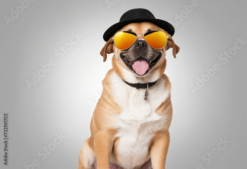 Comical pup with shades and hat on clear PNG background