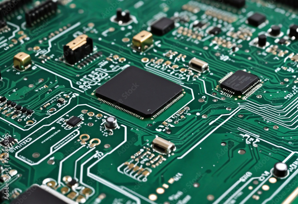 Highly detailed electronic circuit board chip close-up view Highly detailed electronic circuit board chip close-up view