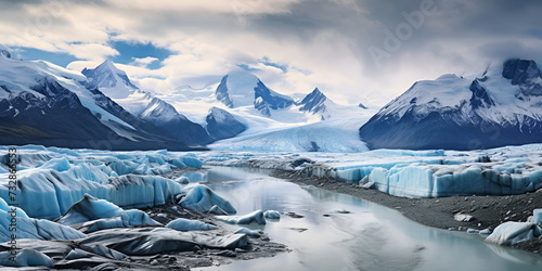 landscape in the mountains, Melting north pole glaciers due to high temperatures heat bright sun heat flooding snow, A vast and awe in spiring glacier landscape of a glacier in Alaska, Generative AI