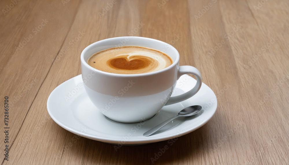 Wooden table with a steaming cup of coffee