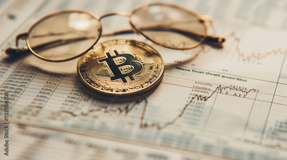 Bitcoin on Top of Newspaper With Glasses Bitcoin on Top of Newspaper With Glasses
