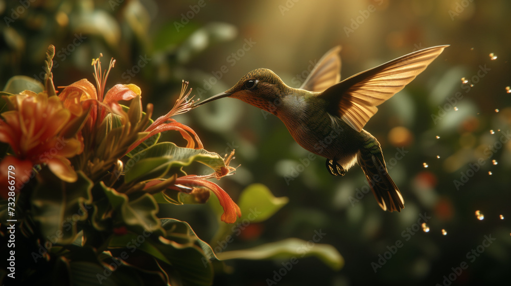 Fototapeta premium Hummingbird Hovering Over Flower in Mid-Flight