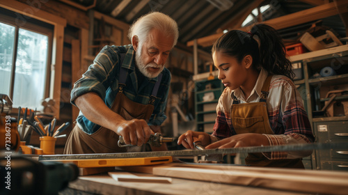 Older Man and Young Girl Woodworking Duo