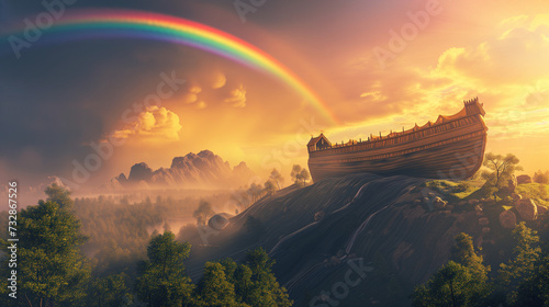 Noahs Ark Boat Rests on Green Hillside with Rainbow in Sky photo