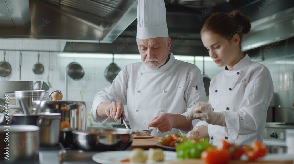 Older Male Chef Teaching Young Female Apprentice in Kitchen Older Male Chef Teaching Young Female Apprentice in Kitchen