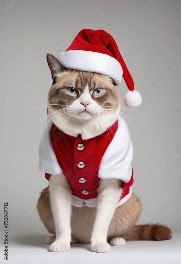 Grumpy feline in festive Santa outfit surrounded by sparkling Christmas lights Grumpy feline in festive Santa outfit surrounded by sparkling Christmas lights