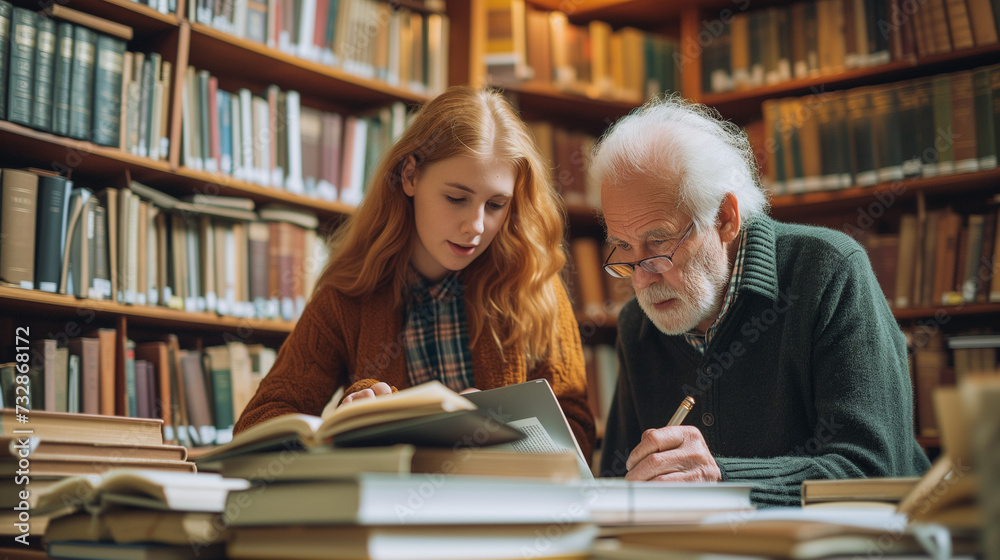 Older Man and Young Girl Studying in Library Older Man and Young Girl Studying in Library