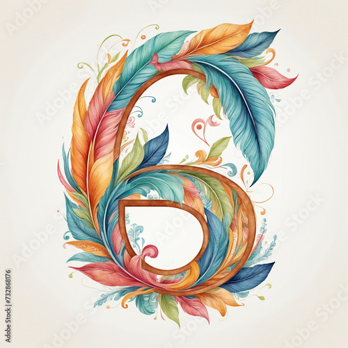 Ornate Watercolor Feather Alphabet Typography - vibrant colors, intricate design