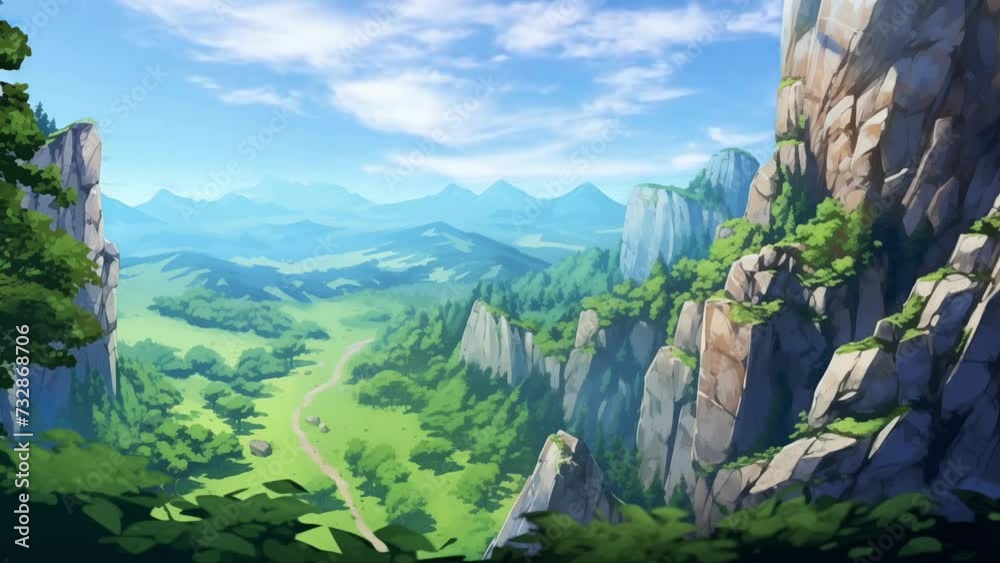 Animated illustration of a canyon cliff with a mountain view in the background. Cartoon or digital painting style illustration. 4k loop animation background.