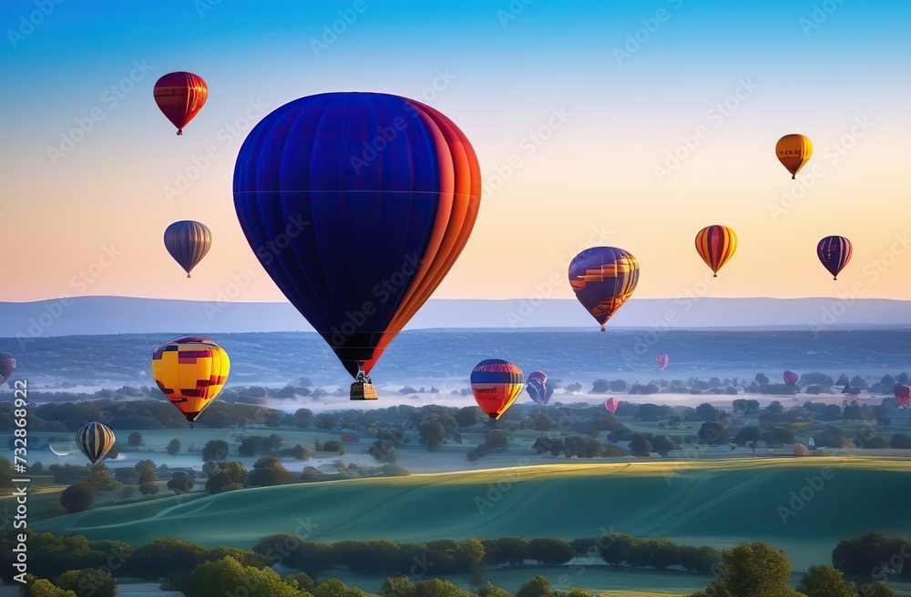 Obraz premium Beautiful hot air balloons flying over sky with sunset view