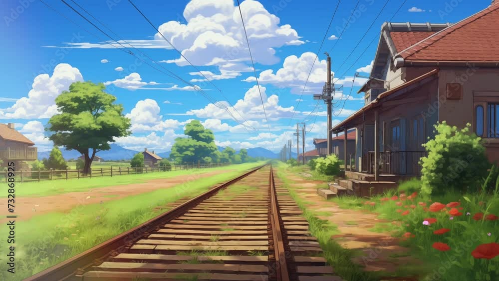 Animated illustration of train tracks in the countryside with natural views. Cartoon or digital painting style illustration. 4k loop animation background.