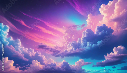 Vibrant Sky with Neon Clouds and Colorful Purple and Blue Banner
