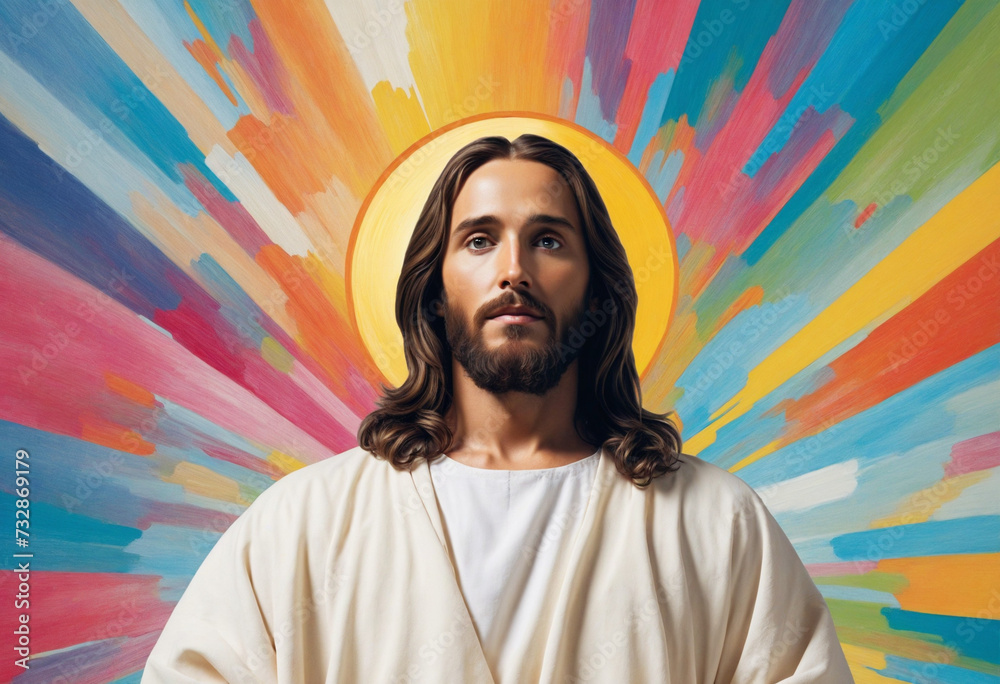 Colorful Abstract Background with Copy Space featuring a Digital Illustration of Jesus Christ Colorful Abstract Background with Copy Space featuring a Digital Illustration of Jesus Christ