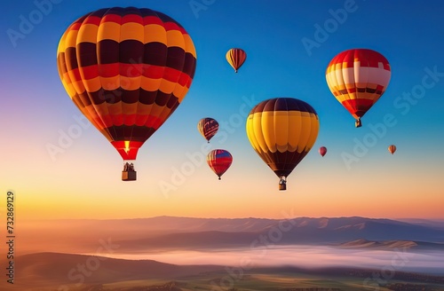 Beautiful hot air balloons flying over sky with sunset view © Kseniya Ananko