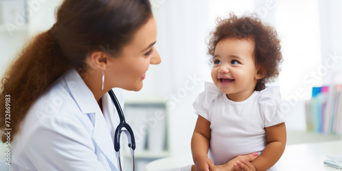Caring Pediatrician Examining Happy Child in Hospital Office, Smiling Female Doctor with Stethoscope Holding Cute Baby