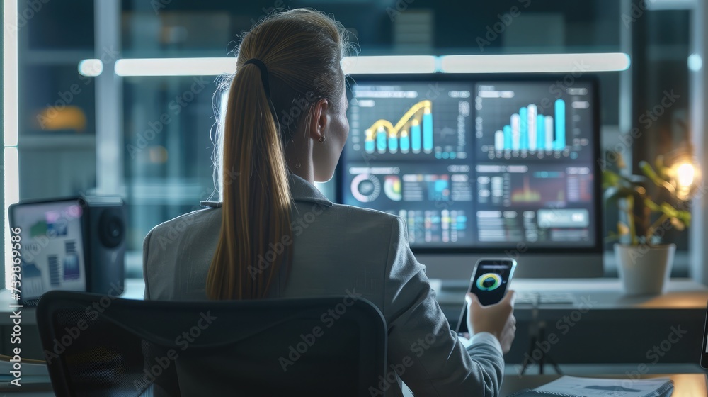 business woman working in office on pc holding smartphone and looking at screen with diagrams, using mobile phone and laptop. Horizontal photo banner for website header design business woman working in office on pc holding smartphone and looking at screen with diagrams, using mobile phone and laptop. Horizontal photo banner for website header design