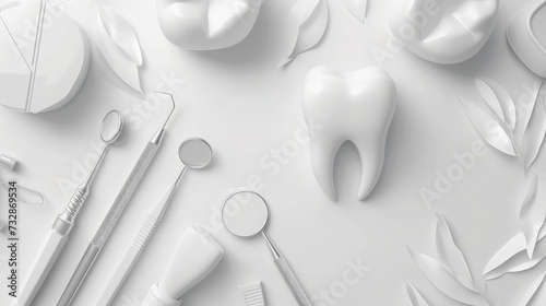 White healthy tooth, different tools for dental care. Dental background