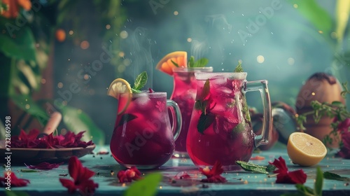 Collection of misted jugs with iced hibiscus lemon tea also known as agua fresca, karkade or red sorrel. Healthy eating,refreshment,detox photo