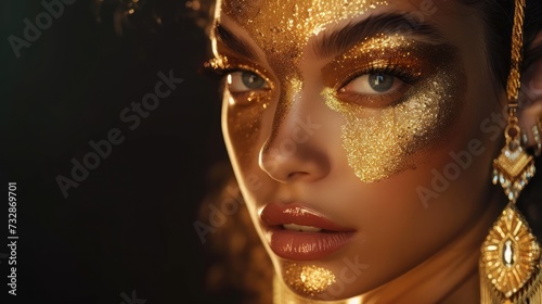 Gold Woman skin. Beauty fashion model girl with Golden make up  hair and jewellery on black background. Gold earrings  ring and necklace. Metallic  glance Fashion art portrait  Hairstyle and make up