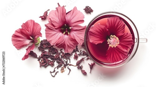 Hibiscus tea, flower and dry blossom isolated on white background