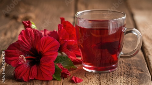 Hibiscus tea in a glass cup and fresh red jamaica flowers (roselle, rosella) on wooden table background.