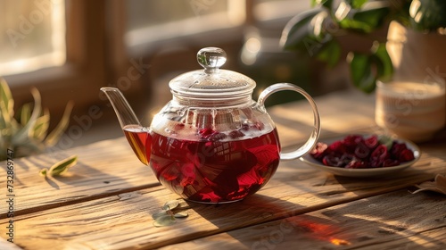 Hibiscus tea in transparent teapot on wooden table. Worldwide popular healthy tea known as rosella, karkade or red sorrel.