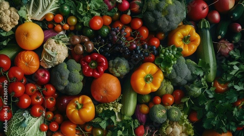 Panoramic wide organic food background concept with full frame pile of fresh vegetables and fruits mix forming bright colorful image