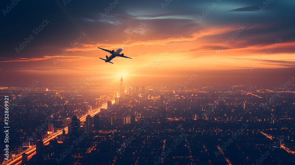 Airplane Flying over City at Sunset, Travel and Urban Concept Airplane Flying over City at Sunset, Travel and Urban Concept