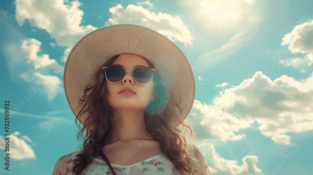 Stunning young woman in elegant hat and sunglasses posing over sky.