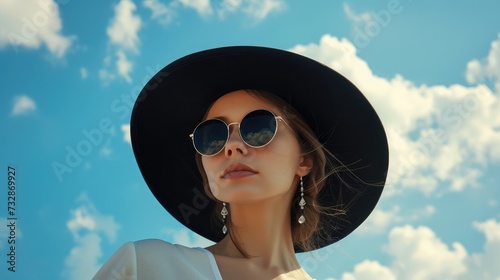 Stunning young woman in elegant hat and sunglasses posing over sky.