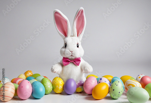 Easter Bunny stands out among colorful eggs on bright backdrop