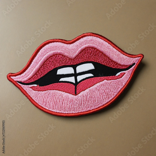 Pink lips embroidered patch badge on clear background - PNG, automated design