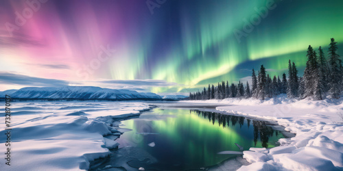 Aurora Borealis Over Snowy Nordic Mountains: Majestic Night Lights Dance in the Arctic Sky, Creating a Serene and Enchanting Winter Landscape.
