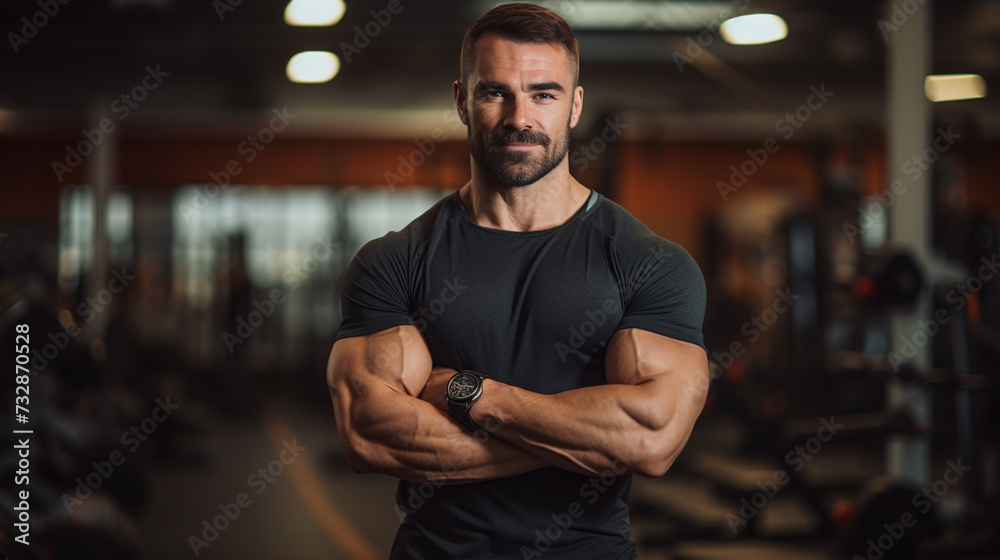 Male bodybuilder in a gym standing with crossed arms, looking at camera Male bodybuilder in a gym standing with crossed arms, looking at camera