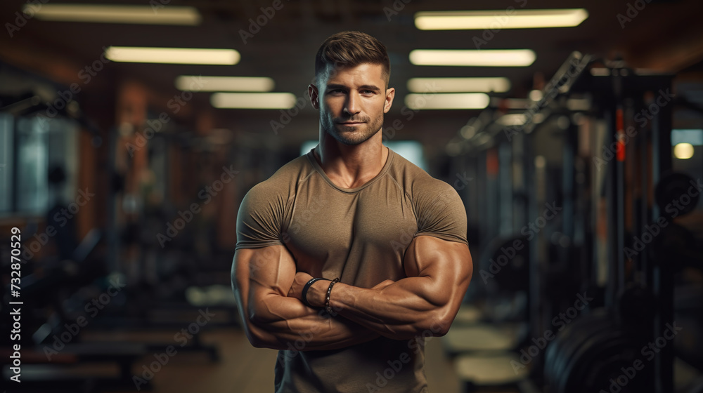 Male bodybuilder in a gym standing with crossed arms, looking at camera Male bodybuilder in a gym standing with crossed arms, looking at camera